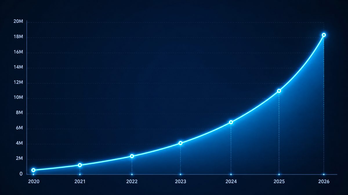 91免费版用户增长数据图表,展示2020-2026年注册用户从50万增长至1800万的趋势